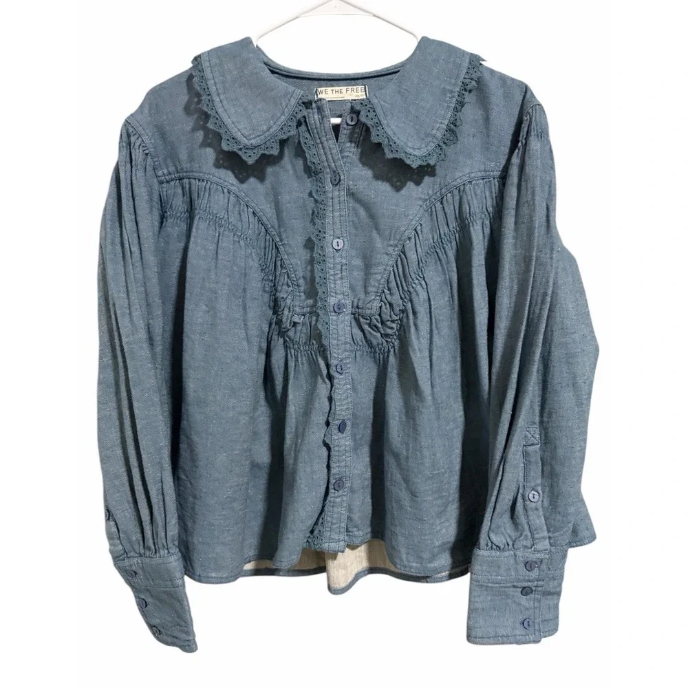 Free People We The Free Baby Blues Summit Shirt Blue As Header Women's Size‎ XS
